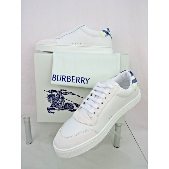 NIB BURBERRY ROBIN WHITE BLUE CHECK LEATHER LOW LOGO SNEAKERS US 11.5 44.5 IT - Picture 12 of 13